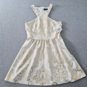 B. Darlin Kids Girls White Gold Foil Damask Halter Fit Flare Party Dress 13/14